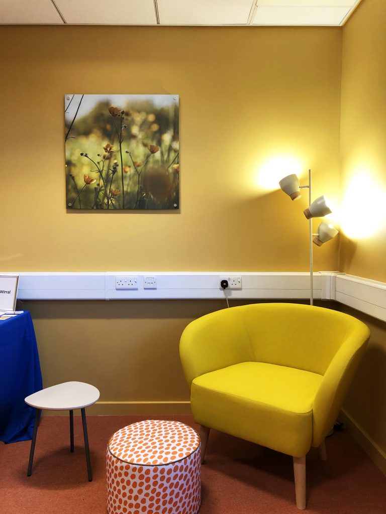 Furniture, lighting and colour, alongside images of nature instill a feeling of wellbeing to the social prescribing hub