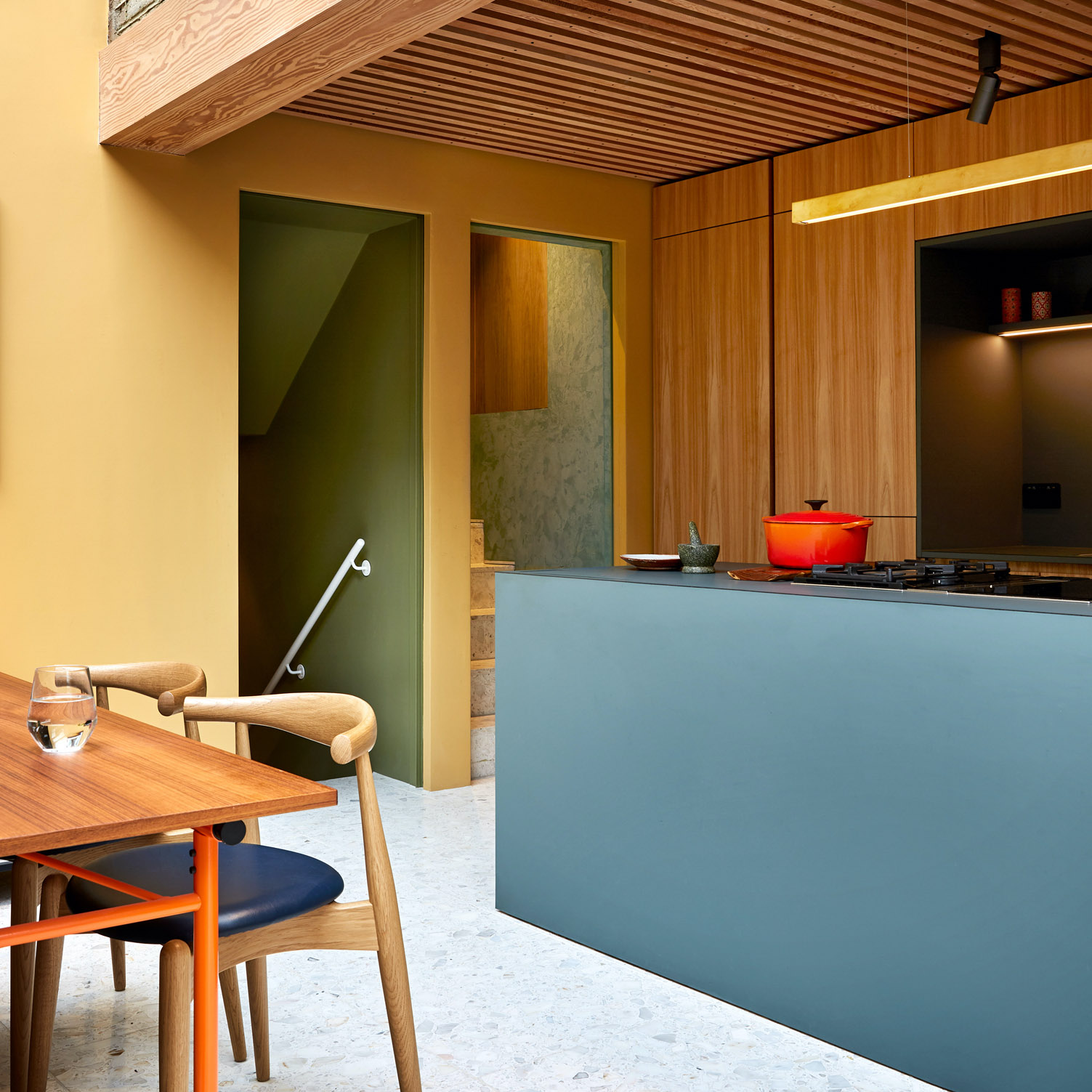 The kitchen of Upside Down House has a modern, scandinavian style