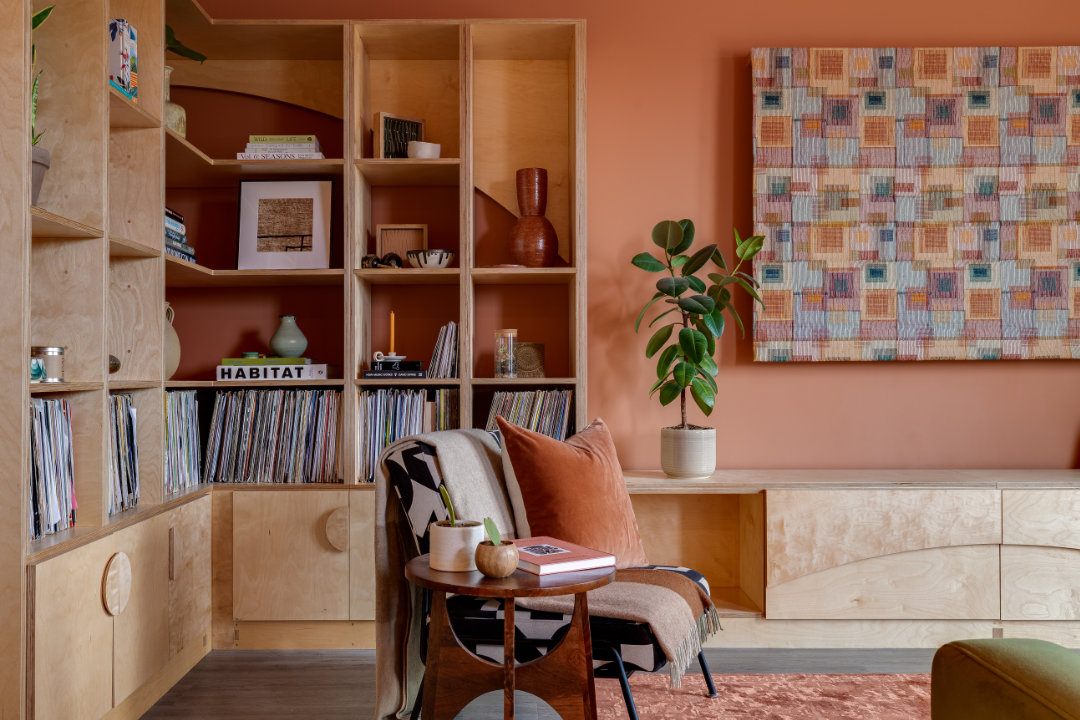 Bespoke plywood furniture in a comfortable looking living room