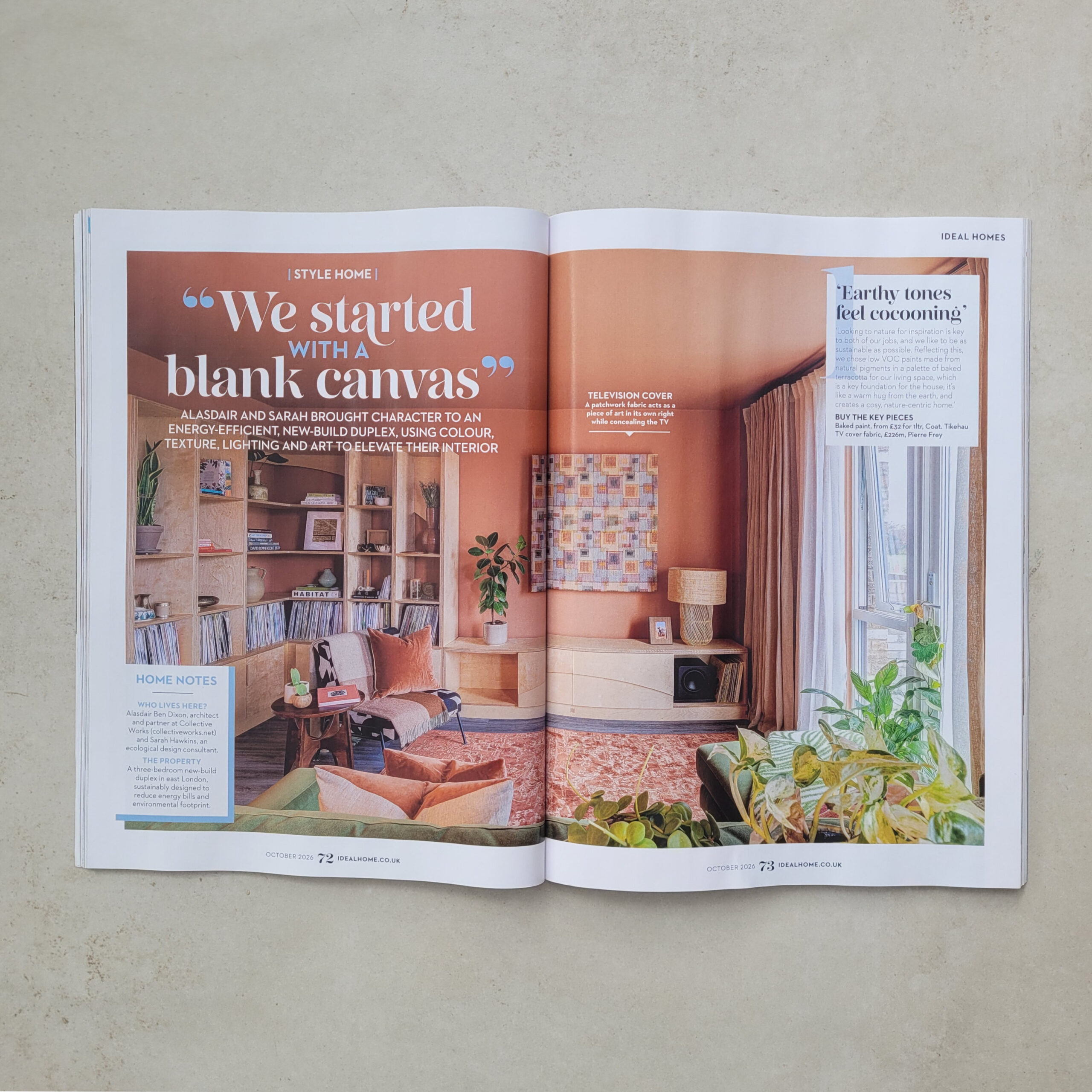 Press clipping from Ideal Home lifestyle magazine showing a terracotta painted living room - Hepworth Place