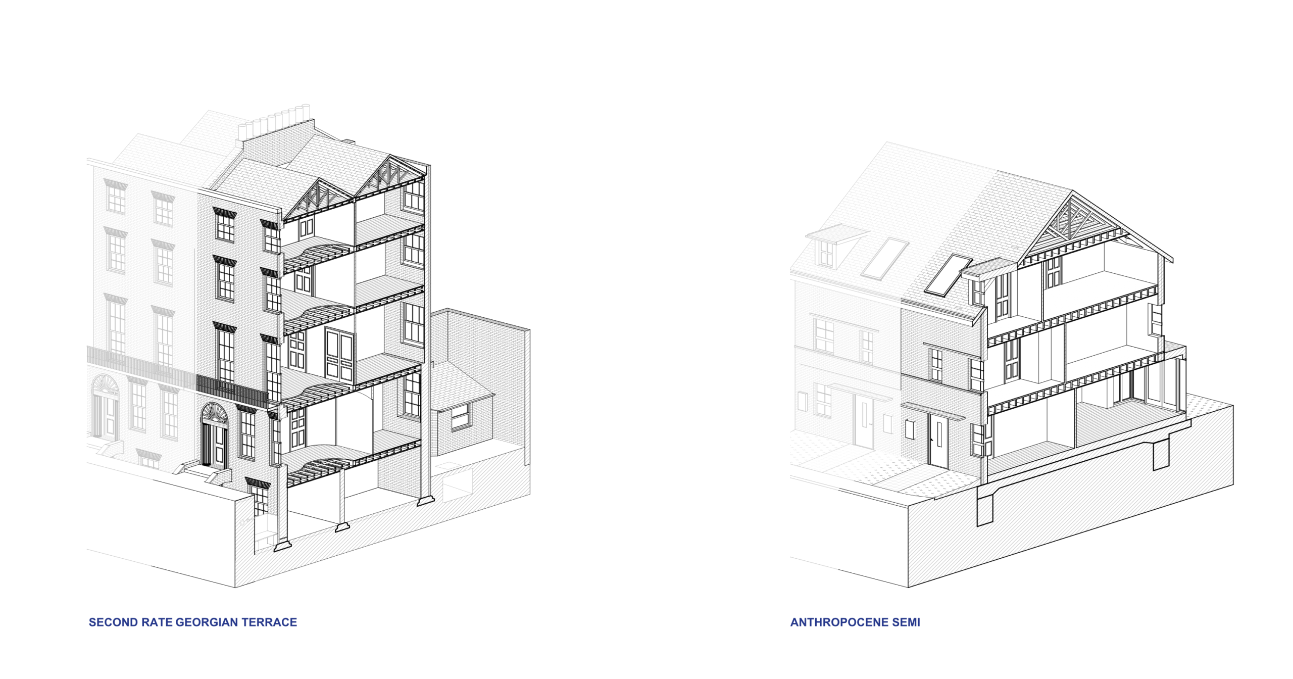 isometric drawings of archetypes of a Georgian house and a housebuilder house